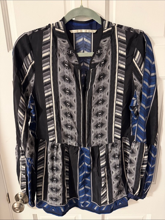Twelfth Street by Cynthia Vincent Tops - Twelfth Street by Cynthia Vincent Boho Geometric Silk Blouse Blue Black Size M